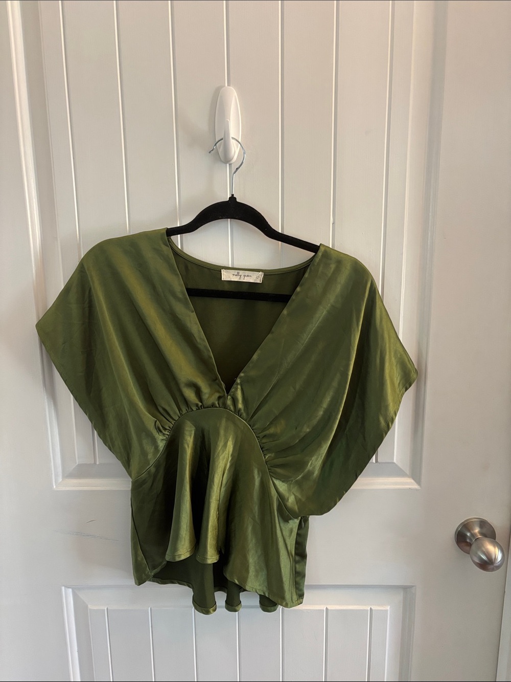 Satin Olive Green Peplum Blouse by Amuse Society - Women Tops